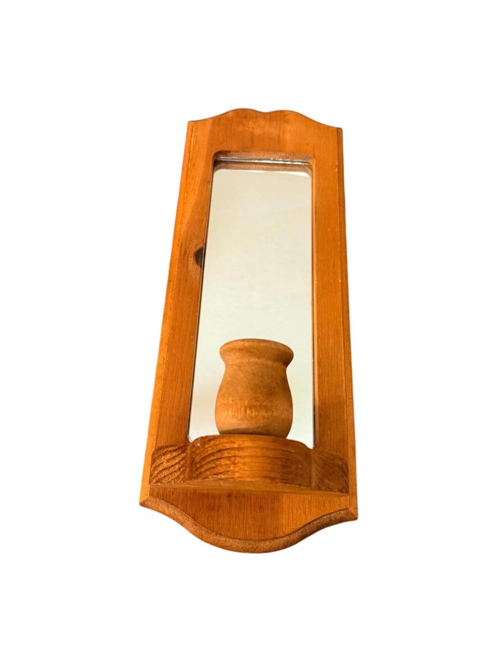 Vintage Wooden Wall Mirror with Small Vase Holder - Brown, Decorative Wall Decor